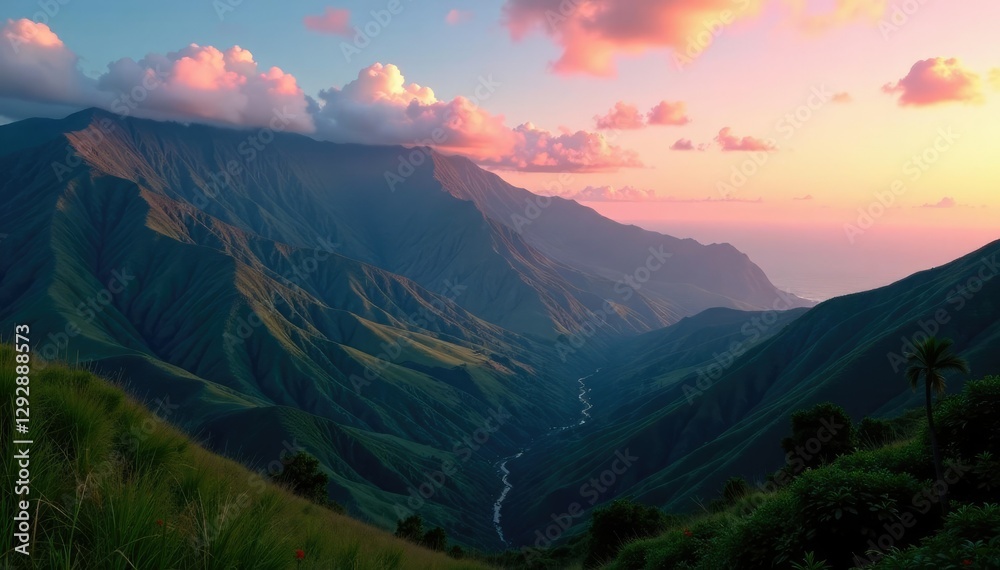 Obraz premium Rolling hills and valleys of Kualoa Mountain Range at dusk, elevation, terrain