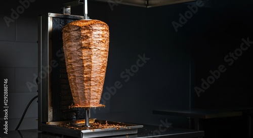 Turkish Doner Kebap on a grill stand, close-up shot