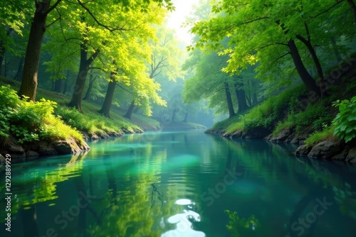 Verdant foliage surrounds a serene body of water, yellow, water
