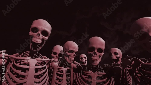 Skeletons around are standing black background, Anime meme is processed in 4K. In addition, this video looped 