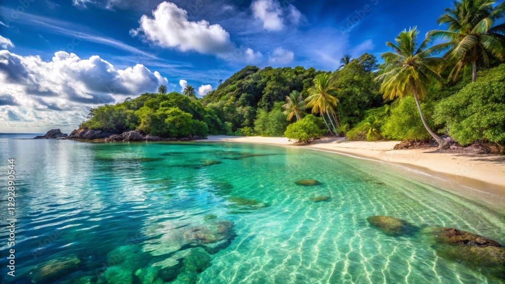 Fototapeta premium Tranquil Tropical Beach with Clear Water and Lush Greenery