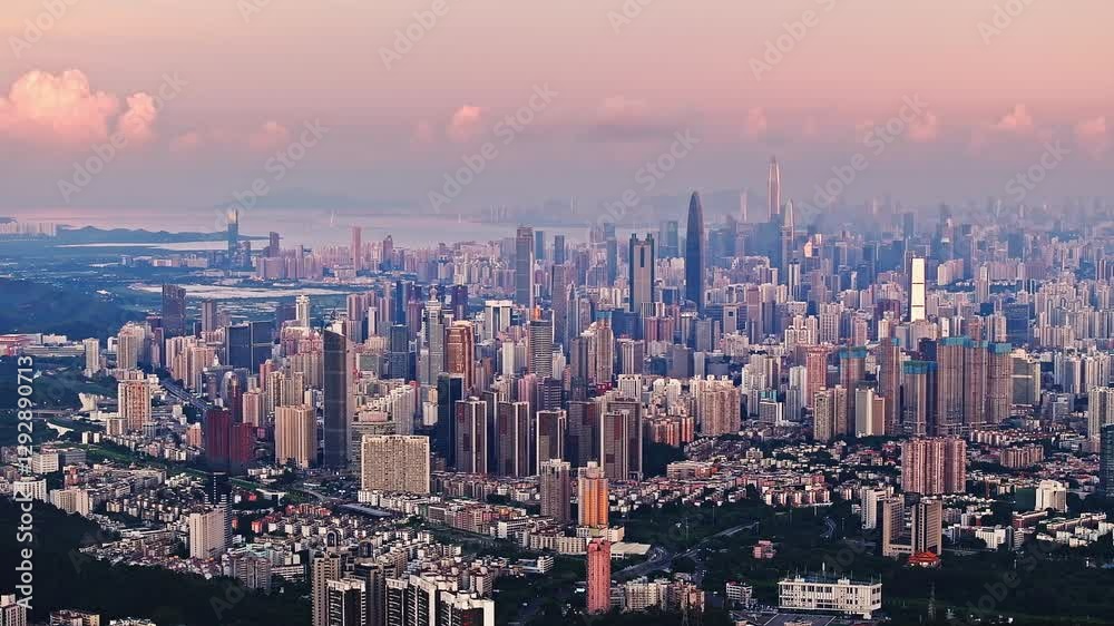 Aerial view of city skyline and modern buildings scenery at dusk in Shenzhen Aerial view of city skyline and modern buildings scenery at dusk in Shenzhen