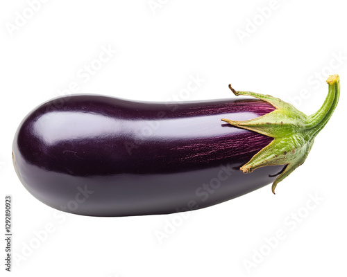 A glossy deep-purple eggplant with a green stem, 
