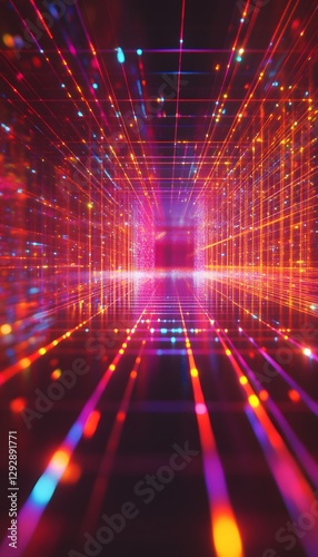 Abstract digital tunnel composed of bright colorful lines and dots