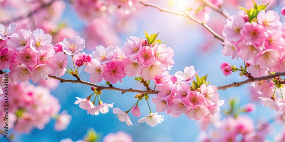Delicate pink cherry blossom tree in full bloom with gentle petals and soft green foliage against a bright blue sky , floral arrangements, spring trees Delicate pink cherry blossom tree in full bloom with gentle petals and soft green foliage against a bright blue sky , floral arrangements, spring trees