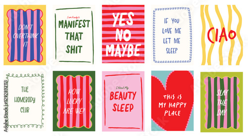 Trendy vibrant scalloped border posters with positive quotes and sayings. Perfect for wall decors for home, office, contemporary interior, postcards, artprints. Doodle groovy banners, t-shirt design. photo