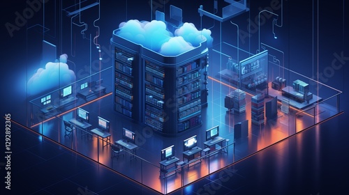3D isometric illustration of a server room showcasing cloud database hardware, computers, and telecommunication equipment.