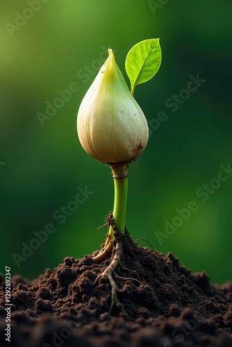 Bulb with robust roots and vines emerging from the ground, natural, nature
