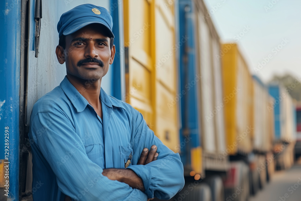 man in a blue shirt stands in front of a row of yellow trucks. He is wearing a hat and has his arms crossed man in a blue shirt stands in front of a row of yellow trucks. He is wearing a hat and has his arms crossed