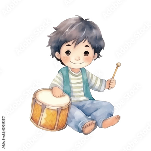 watercolors Cute boy moslem playing drum bedug illustration