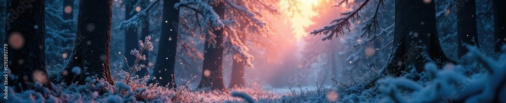 Naklejka premium Dense foliage illuminated by soft ethereal glow amidst snowflakes, forest, foliage