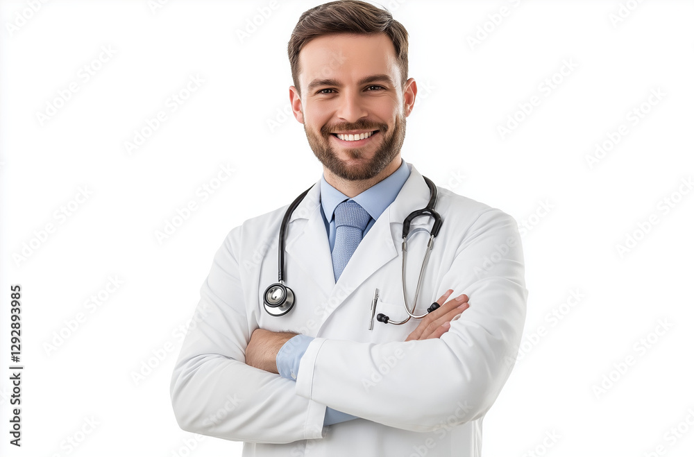 Handsome doctor smiling, wearing a white coat and stethoscope, isolated on a transparent PNG background Handsome doctor smiling, wearing a white coat and stethoscope, isolated on a transparent PNG background