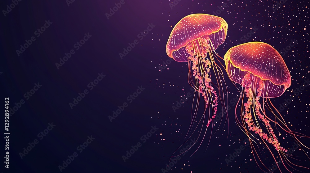 Naklejka premium Two luminous jellyfish gracefully swim in the deep ocean