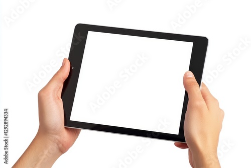 A person's hands holding an iPad with the screen facing upwards, isolated on a white background. The tablet is blank and has no content visible inside it. 