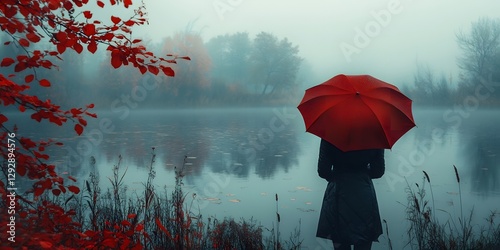 Individual holding a brightly colored umbrella while walking in the rain on a gloomy day with reflections on pavement