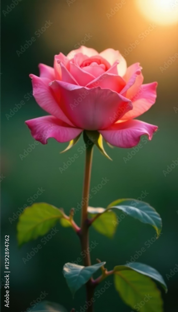 Gentle morning light illuminates a single pink rose, morning light, single bloom, stem Gentle morning light illuminates a single pink rose, morning light, single bloom, stem