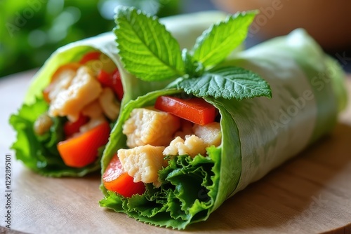 Delicious Vegetable Rice Paper Rolls with Peanut Sauce and Mint photo