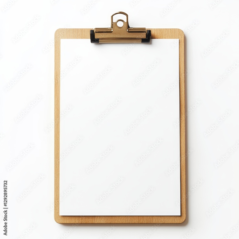 An isolated wooden clipboard with a blank white sheet of paper on the front, top view, against a white background with no shadow underneath An isolated wooden clipboard with a blank white sheet of paper on the front, top view, against a white background with no shadow underneath