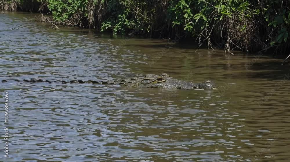 A low-angle video captures a crocodile swimming stealthily in a river, surrounded by lush greenery, showcasing wildlife in its natural habitat. A low-angle video captures a crocodile swimming stealthily in a river, surrounded by lush greenery, showcasing wildlife in its natural habitat.