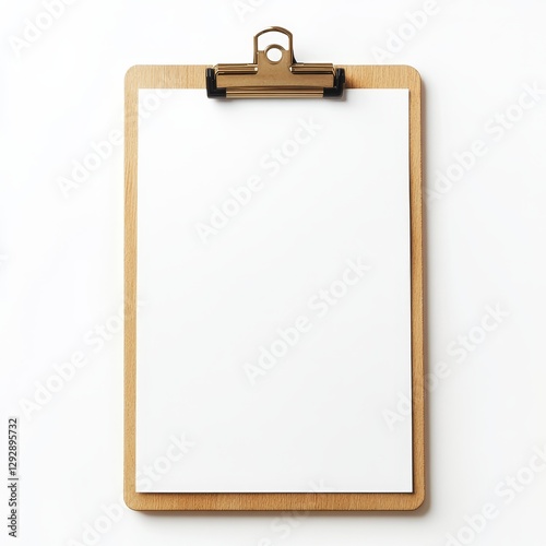 An isolated wooden clipboard with a blank white sheet of paper on the front, top view, against a white background with no shadow underneath
