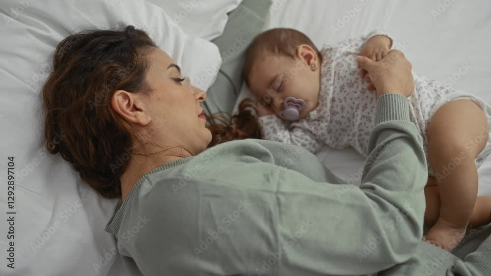 Woman and baby peacefully sleeping on bed showing family love and bonding in a cozy home interior setting. Woman and baby peacefully sleeping on bed showing family love and bonding in a cozy home interior setting.