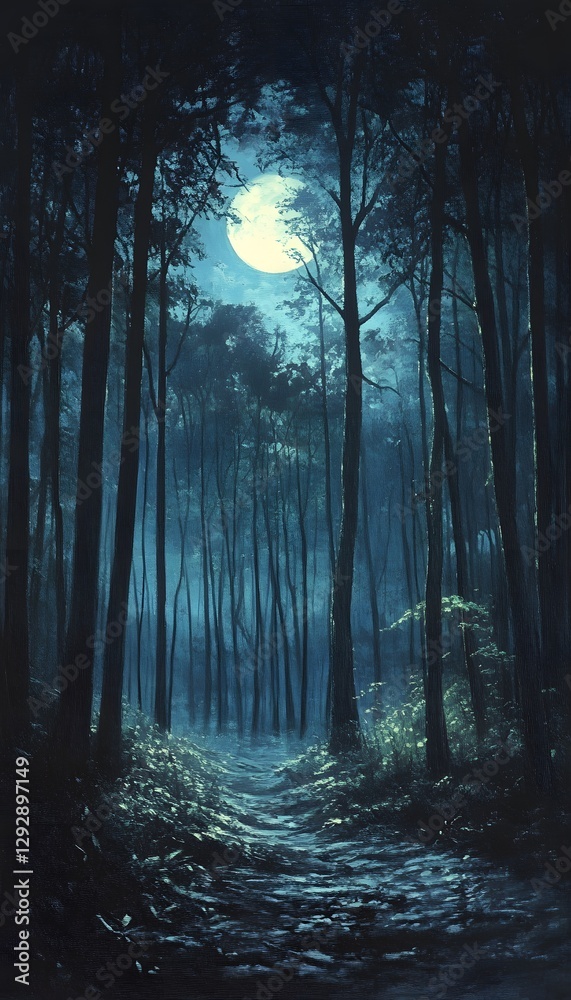 Obraz premium A path through a moonlit forest at night is visible