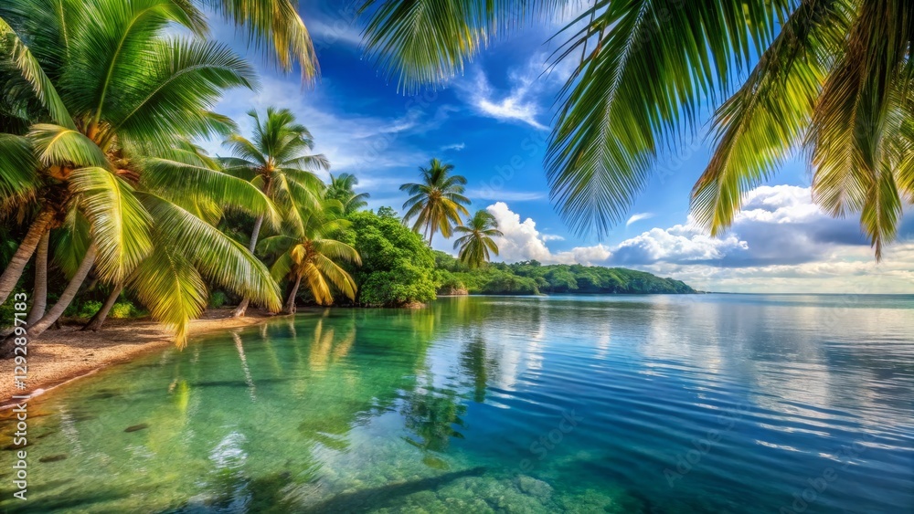 Serene Tropical Paradise with Palm Trees and Tranquil Waters Serene Tropical Paradise with Palm Trees and Tranquil Waters