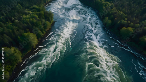 Where Two Rivers Become One: A cinematic drone shot capturing the moment where two powerful rivers unite into one, surrounded by untouched forests.