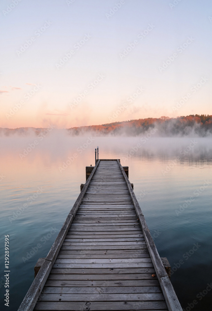 Serene wooden pier leading into calm lake at sunrise, peaceful reflection Serene wooden pier leading into calm lake at sunrise, peaceful reflection