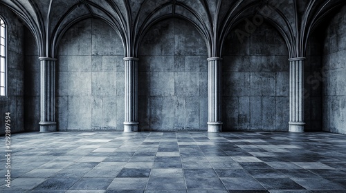 Gothic Hall Interior with Gray Stone Walls and Arches