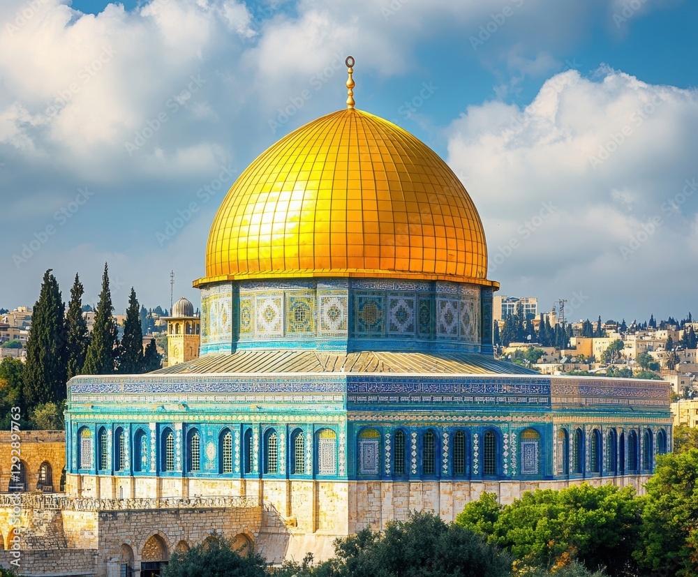 Obraz premium Golden Dome of Jerusalem: A breathtaking view of the Dome of the Rock in Jerusalem, its iconic golden dome shimmering under the bright daylight sky, a beacon of culture and faith. 