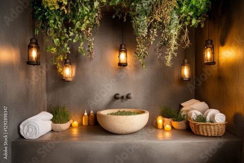 A herbal steam room with natural stone walls, aromatic herbs hanging from the ceiling, and soft lighting