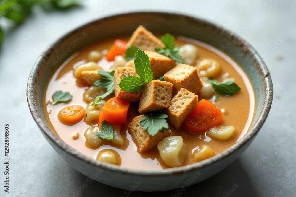 Healthy Lunch Bowl with Turkey Vegetable Soup, Whole Grain Croutons and Fresh Herbs Healthy Lunch Bowl with Turkey Vegetable Soup, Whole Grain Croutons and Fresh Herbs