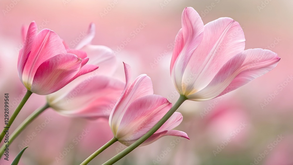 Pink Tulips in the Breeze: Delicate pink tulips sway gently in the wind, their petals fully open, showcasing their vibrant color and elegance, creating a sense of spring beauty and tranquility. Pink Tulips in the Breeze: Delicate pink tulips sway gently in the wind, their petals fully open, showcasing their vibrant color and elegance, creating a sense of spring beauty and tranquility.