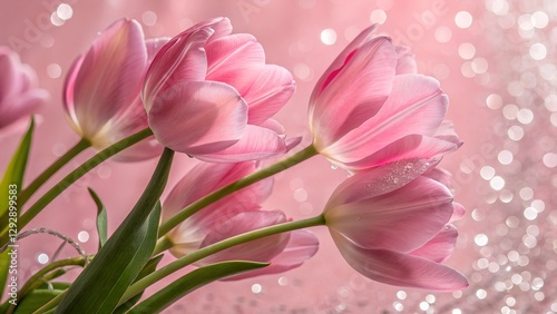 Whispers of Spring: Delicate pink tulips, their petals subtly lit, reaching towards the light on a softly blurred, shimmering pink background. A celebration of rebirth and the beauty of spring.