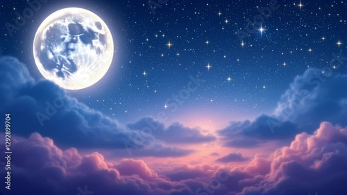 Moon in night sky with clouds and stars. Vector realistic illustration of full moon and crescent on dark midnight sky. Starry outer space with bright glowing planet and fog
