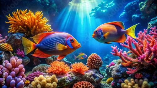 Vibrant Reef Scene Two Colorful Fish Gracefully Swim Amongst Lush Coral and Sea Flora in a Sunlit Underwater Paradise