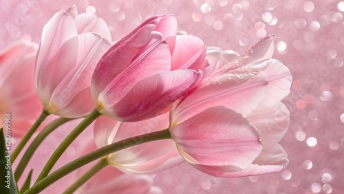 Pink Tulips in the Glow: Delicate pink tulips, their petals gracefully unfurling, create a scene of vibrant color and elegant simplicity. Their lush beauty against a soft.
