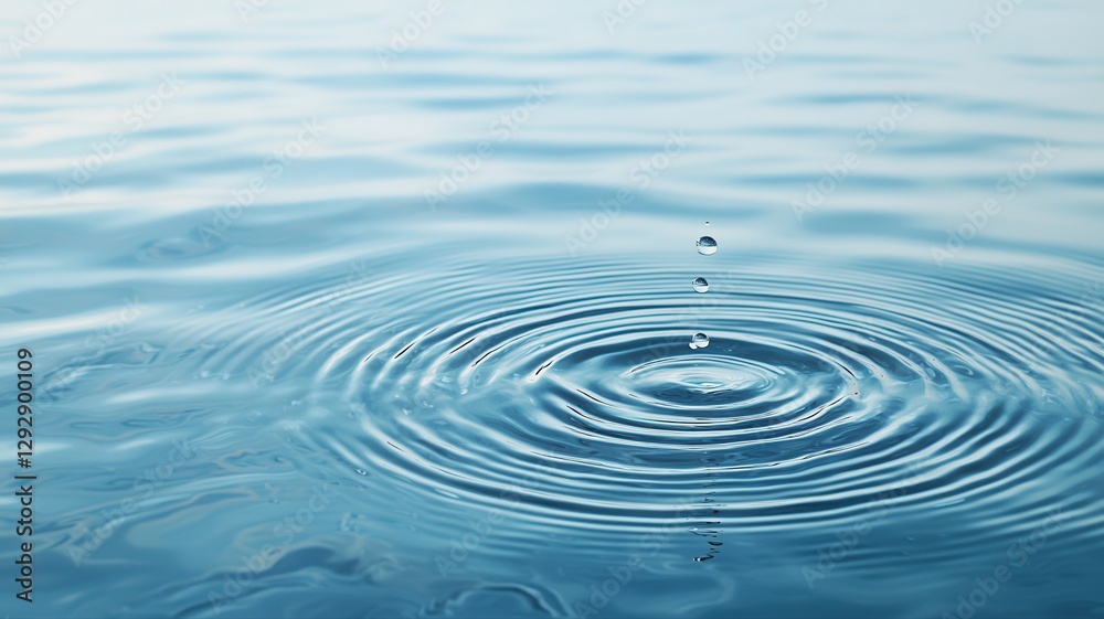 A serene water droplet creates concentric ripples in a calm blue water surface. A serene water droplet creates concentric ripples in a calm blue water surface.