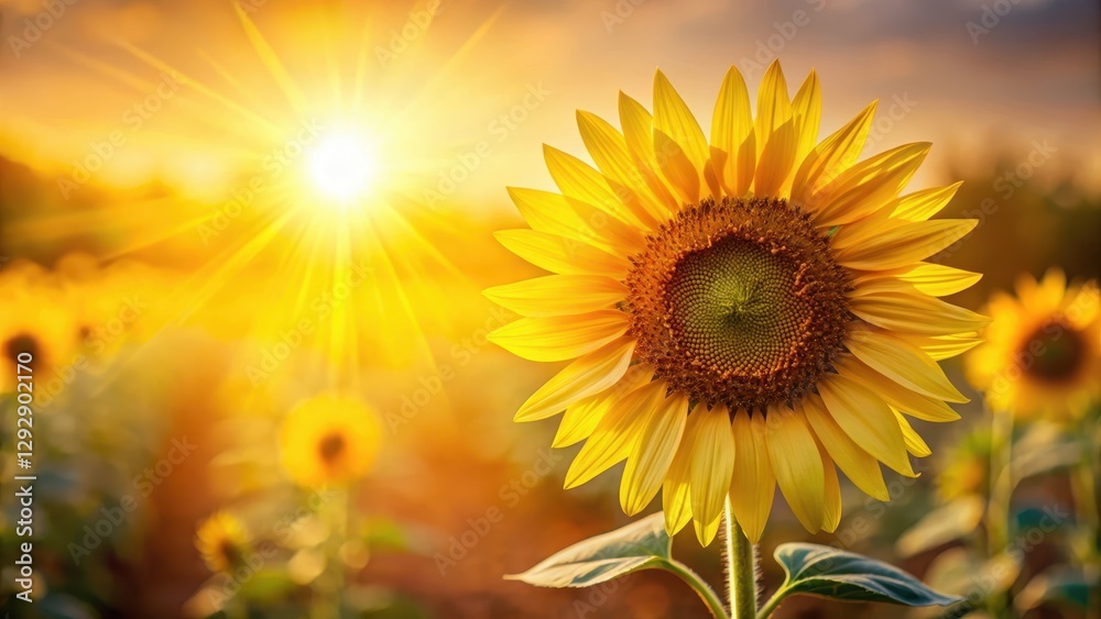Fototapeta premium Warm sunlight illuminates a bright yellow sunflower , flowers, nature