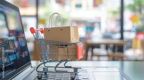 Product package boxes in cart with shopping bag and laptop computer with blurred web store shop on screen for online shopping and delivery concept