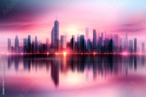 A pixel art cityscape with pink skies and animated lights glowing in the windows of tiny pixelated buildings