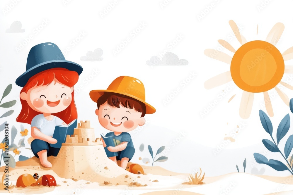 Naklejka premium A playful 2D cartoon of children building a sandcastle under the summer sun, with bright and cheerful colors on a white canvas