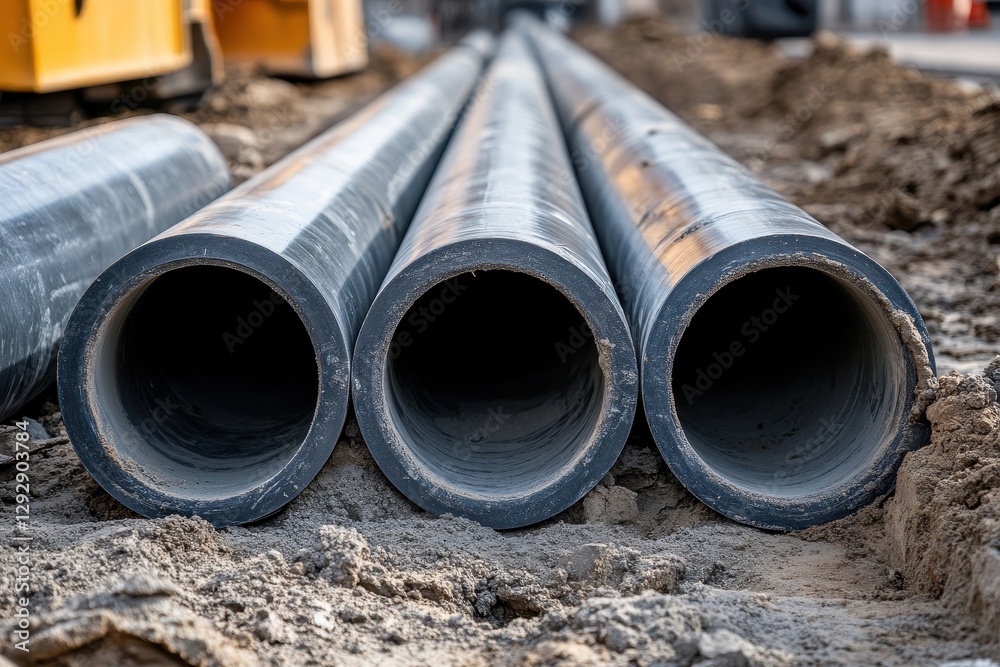Pipes for an outdoor sewage system at a construction site drainage for a high rise and infrastructure for water and storm drainage Pipes for an outdoor sewage system at a construction site drainage for a high rise and infrastructure for water and storm drainage