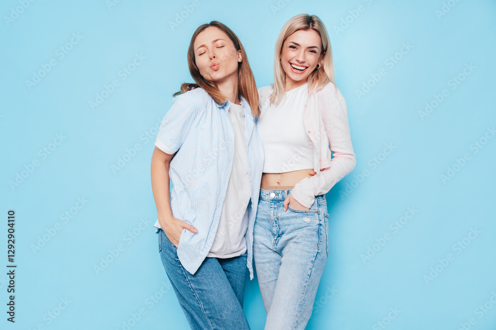 Two young beautiful smiling brunette and blond hipster female in trendy summer clothes. Lovely women posing on blue background in studio. Positive models having fun. Cheerful and happy. isolated Two young beautiful smiling brunette and blond hipster female in trendy summer clothes. Lovely women posing on blue background in studio. Positive models having fun. Cheerful and happy. isolated