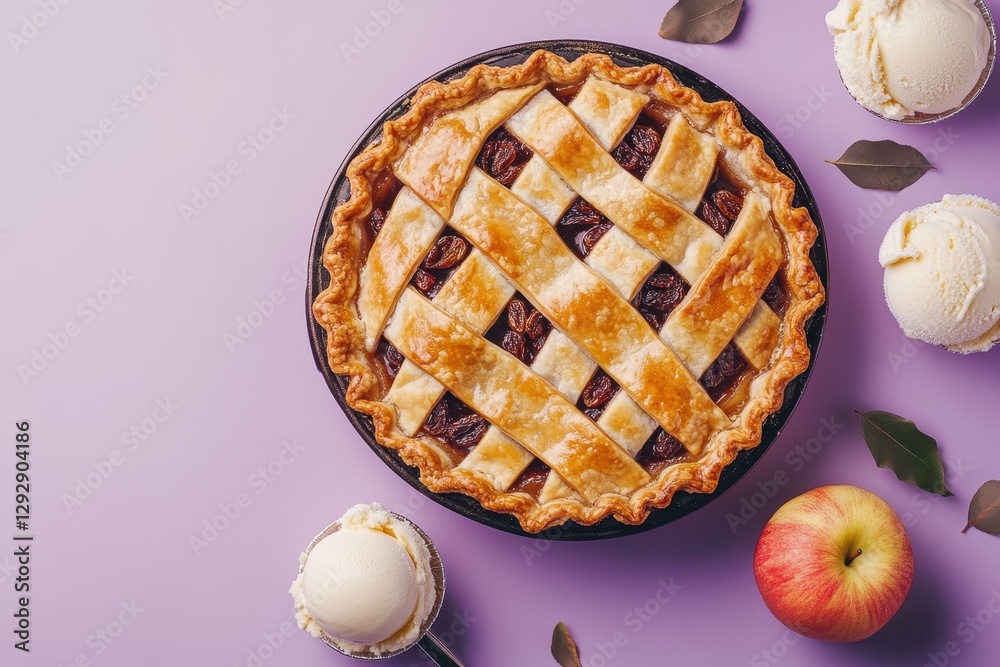 Purple backdrop featuring vanilla ice cream atop apple raisin pie Purple backdrop featuring vanilla ice cream atop apple raisin pie