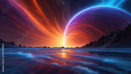 Cosmic sunrise alien planet digital art futuristic landscape panoramic view celestial beauty