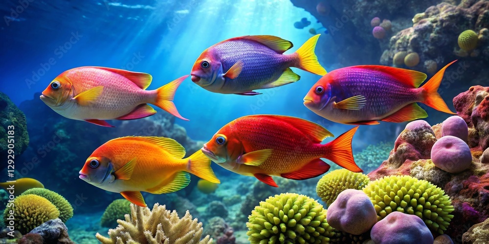 Fototapeta premium Vibrant Reef Fish Swimming Gracefully Amidst Colorful Coral and Lush Underwater Flora