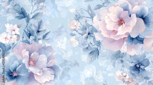 Soft Blue Floral Pattern with Elegant Blossoms and Delicate Leaves