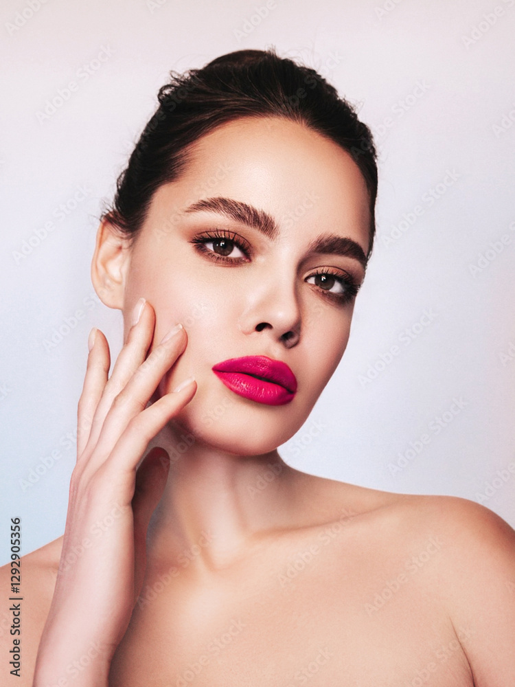 Fashion beauty portrait of young brunette woman with evening stylish makeup and perfect clean skin. Sexy model with hair in a bun isolated in studio on grey. With pink bright natural lips. Touch face Fashion beauty portrait of young brunette woman with evening stylish makeup and perfect clean skin. Sexy model with hair in a bun isolated in studio on grey. With pink bright natural lips. Touch face